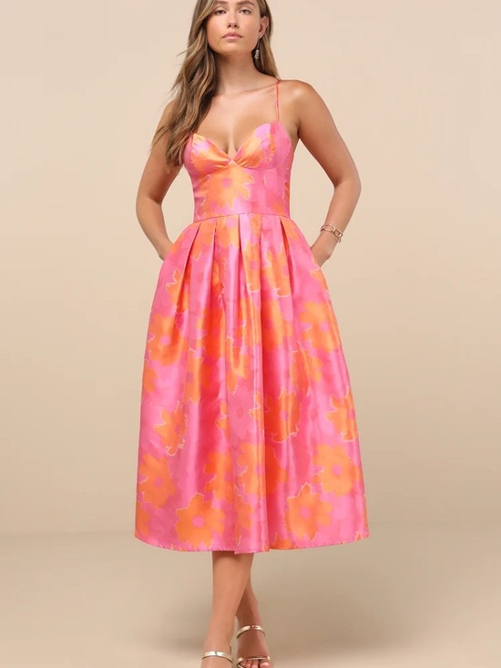 Lulus Dresses & Skirts - Lulu's Pink and Orange Floral Strapless Midi Dress NWT